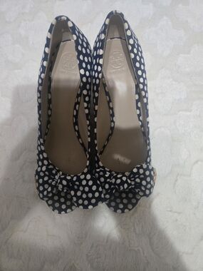 Tory Burch Navy and White Polka Dot Bow Pumps